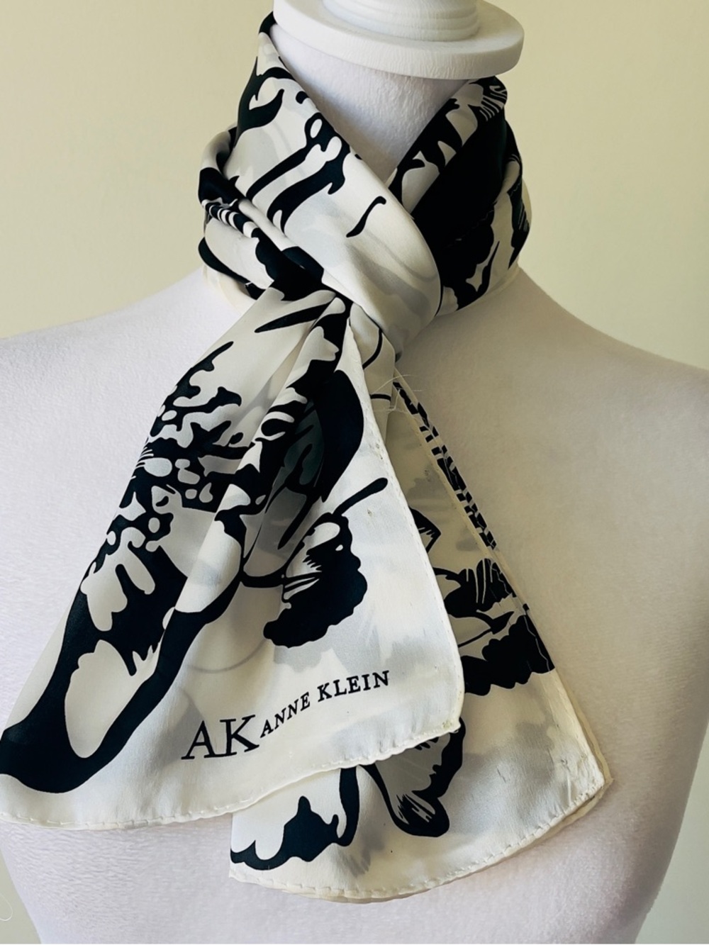 Anne Klein Black and White Floral Silk- feel Neck Scarf